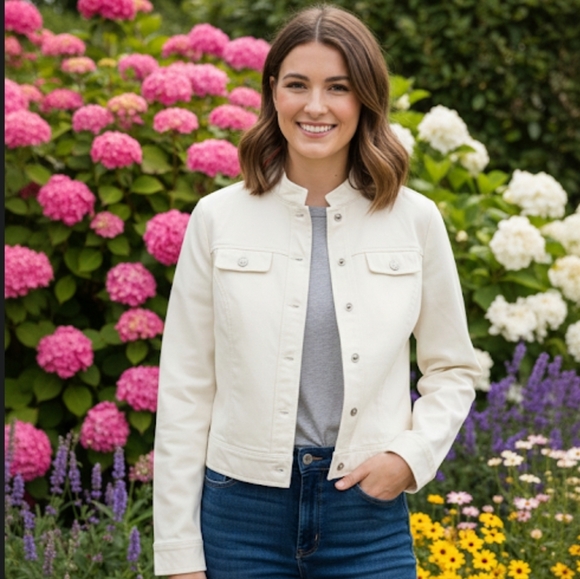 Michael Kors Jackets & Blazers - Michael Kors Womens Cropped Cotton Stretch Denim Jacket Turn Clasps White L